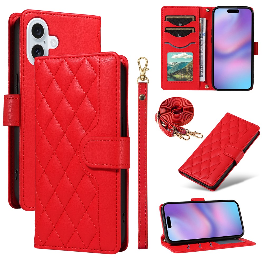 For iPhone 17 Wallet Case Rhombus Leather Phone Cover with Strap -  Red