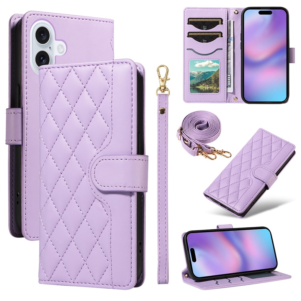 For iPhone 17 Wallet Case Rhombus Leather Phone Cover with Strap -  Light Purple