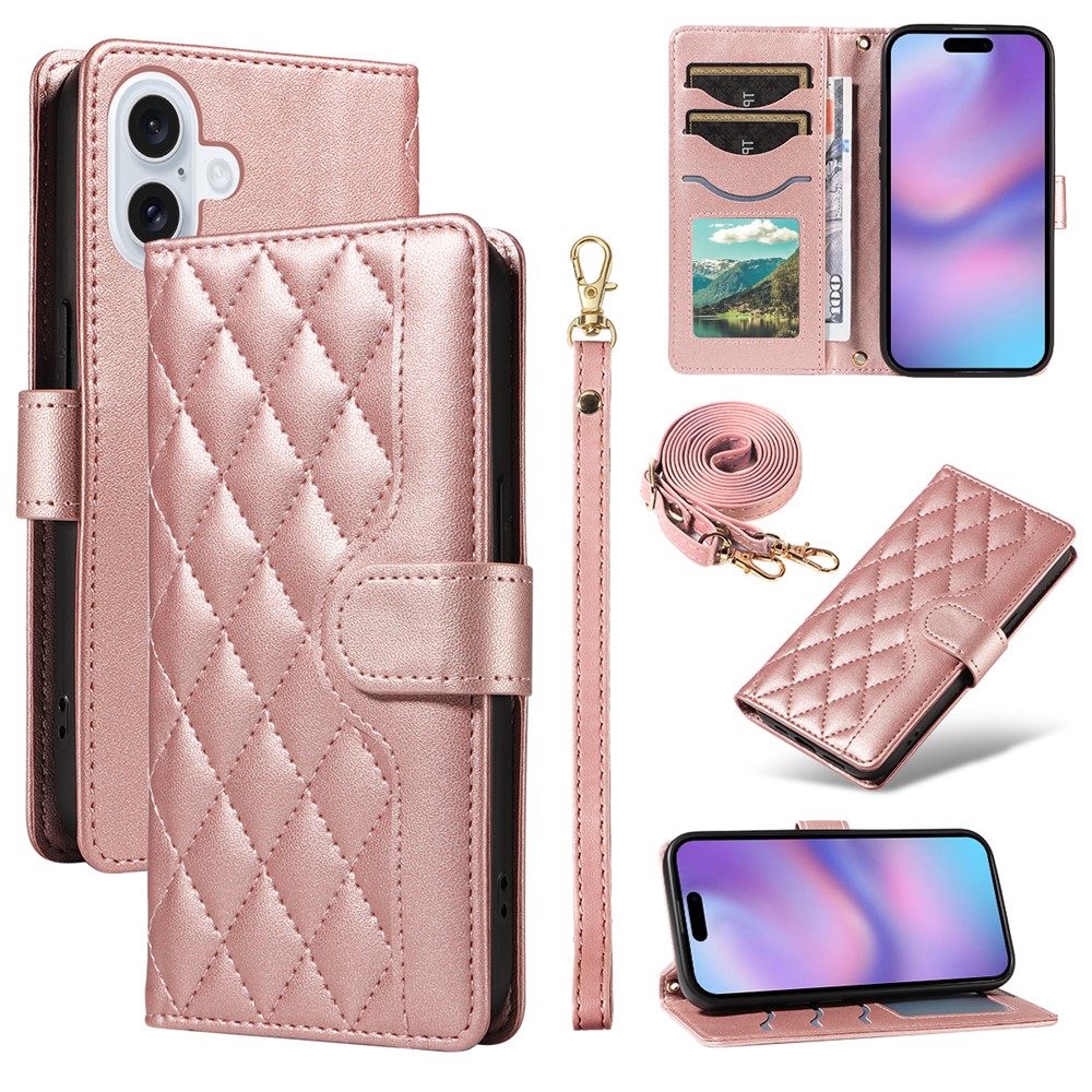 For iPhone 17 Wallet Case Rhombus Leather Phone Cover with Strap -  Rose Gold