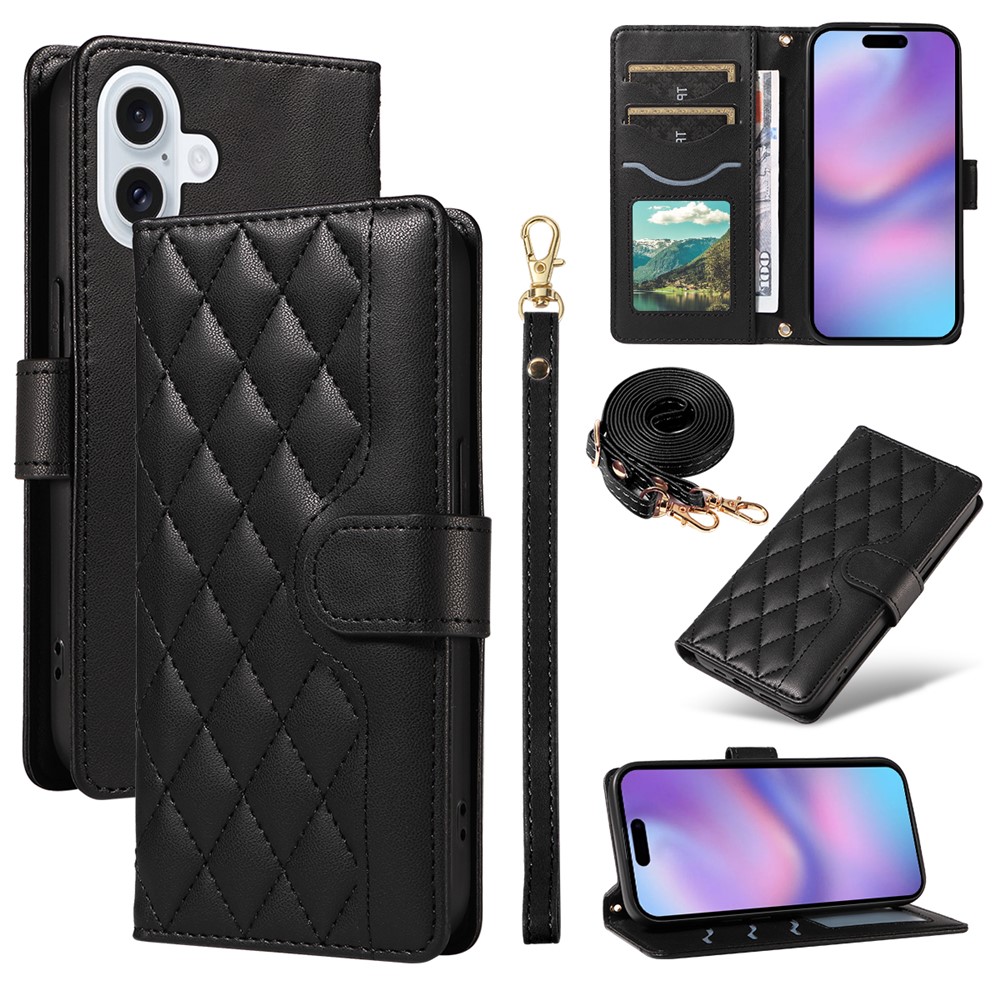 For iPhone 17 Wallet Case Rhombus Leather Phone Cover with Strap - Black