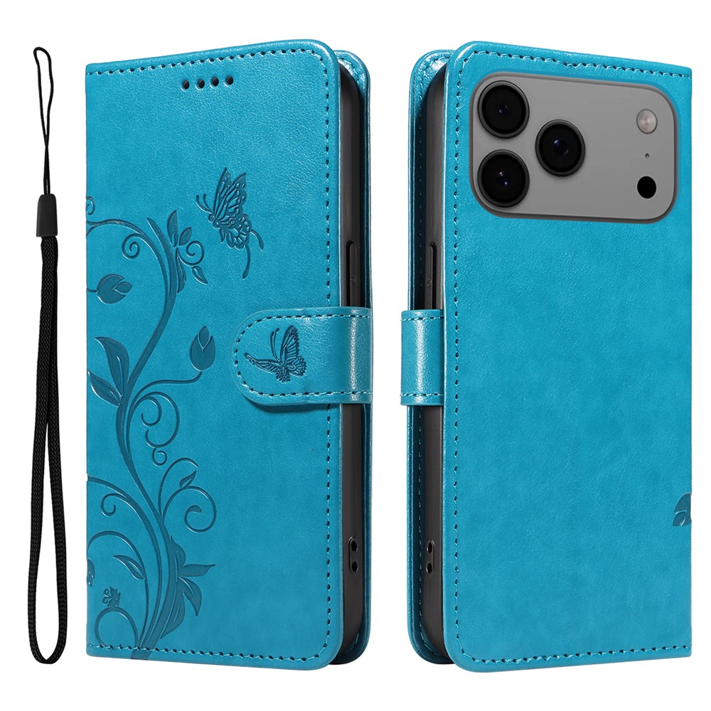 For iPhone 17 Pro Max PU Leather Cases Flower Pattern Wallet Stand Phone Cover with Strap - Blue