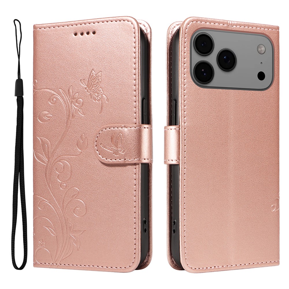 For iPhone 17 Pro Max PU Leather Cases Flower Pattern Wallet Stand Phone Cover with Strap - Rose Gold