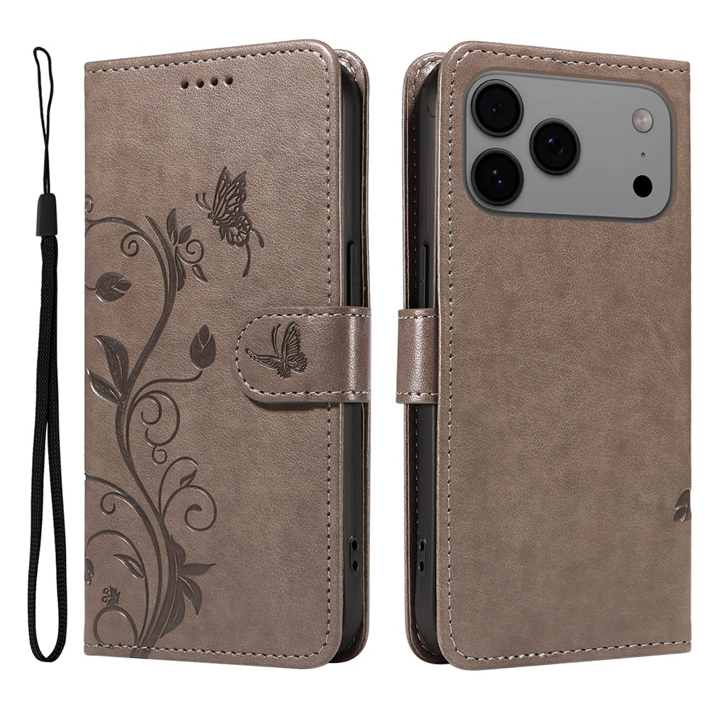 For iPhone 17 Pro Max PU Leather Cases Flower Pattern Wallet Stand Phone Cover with Strap - Grey