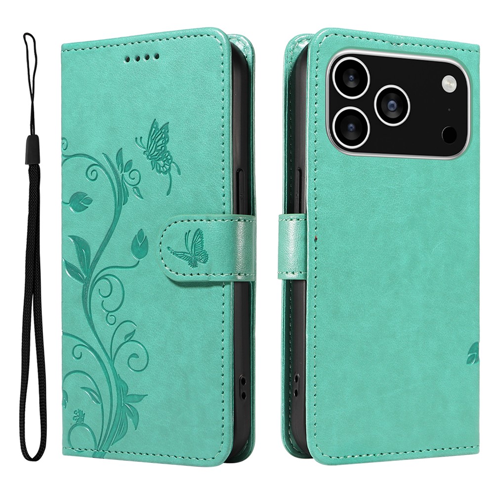 For iPhone 17 Pro PU Leather Cases Flower Pattern Wallet Stand Phone Cover with Strap - Green