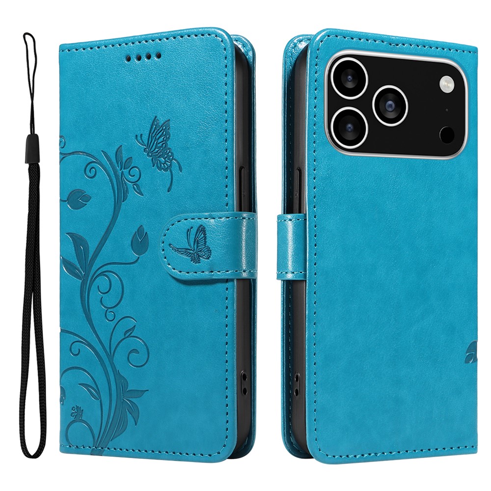 For iPhone 17 Pro PU Leather Cases Flower Pattern Wallet Stand Phone Cover with Strap - Blue
