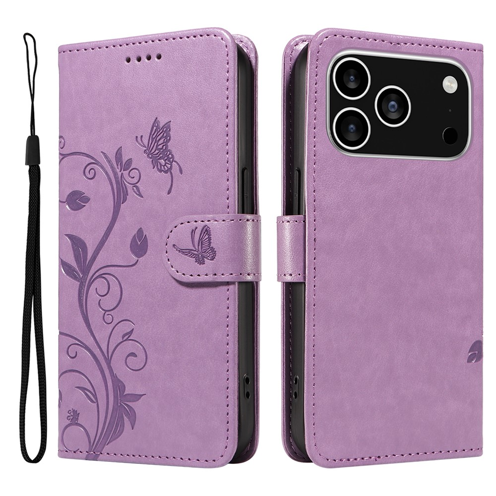 For iPhone 17 Pro PU Leather Cases Flower Pattern Wallet Stand Phone Cover with Strap - Light Purple