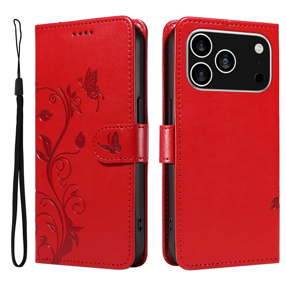 For iPhone 17 Pro PU Leather Cases Flower Pattern Wallet Stand Phone Cover with Strap - Red