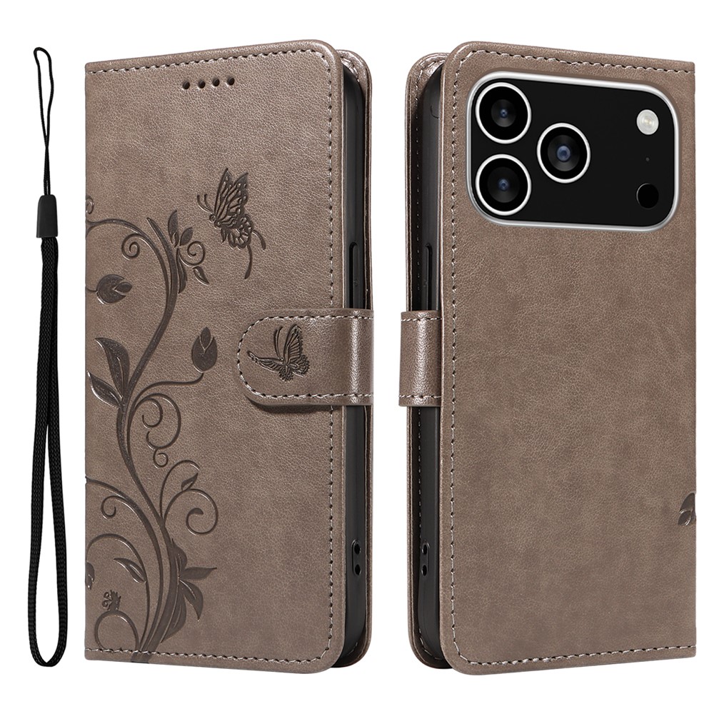 For iPhone 17 Pro PU Leather Cases Flower Pattern Wallet Stand Phone Cover with Strap - Grey