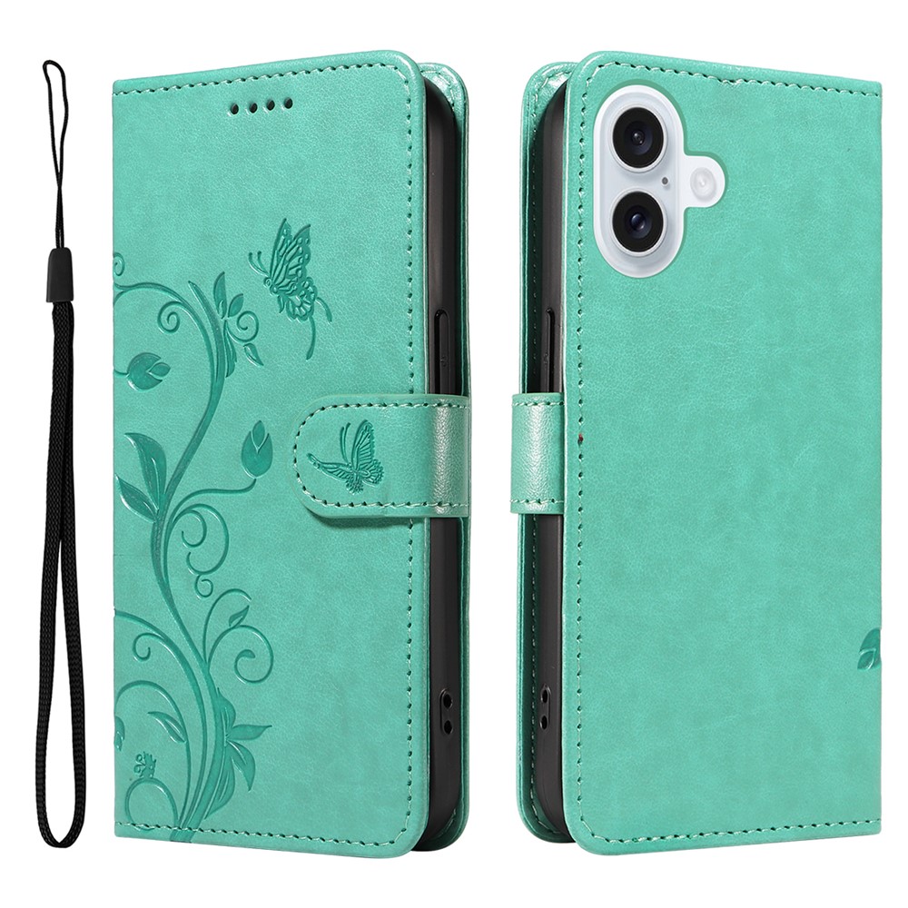 For iPhone 17 PU Leather Cases Flower Pattern Wallet Stand Phone Cover with Strap - Green