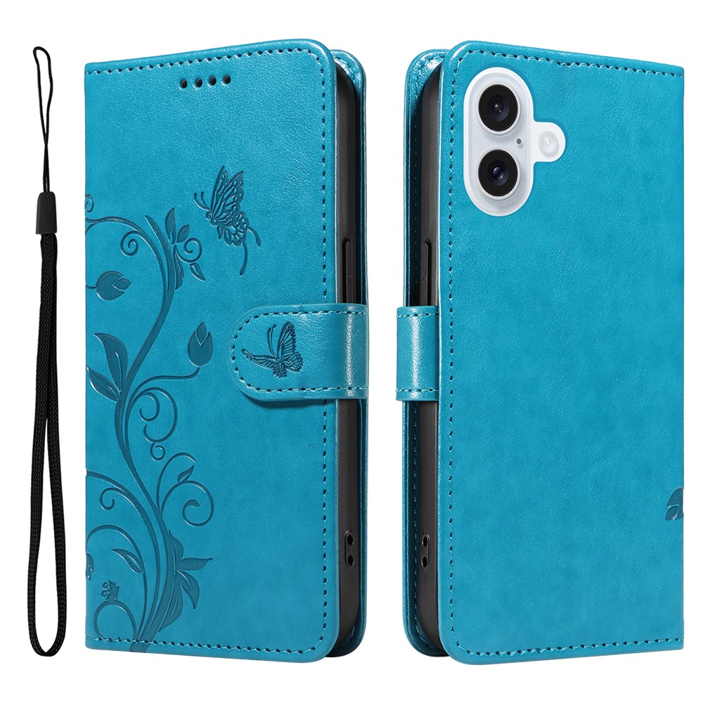 For iPhone 17 PU Leather Cases Flower Pattern Wallet Stand Phone Cover with Strap - Blue