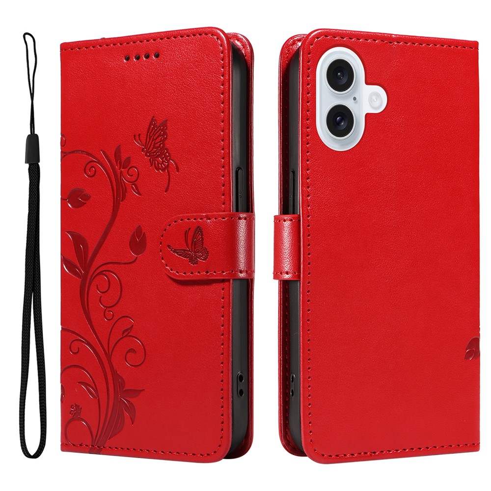 For iPhone 17 PU Leather Cases Flower Pattern Wallet Stand Phone Cover with Strap - Red
