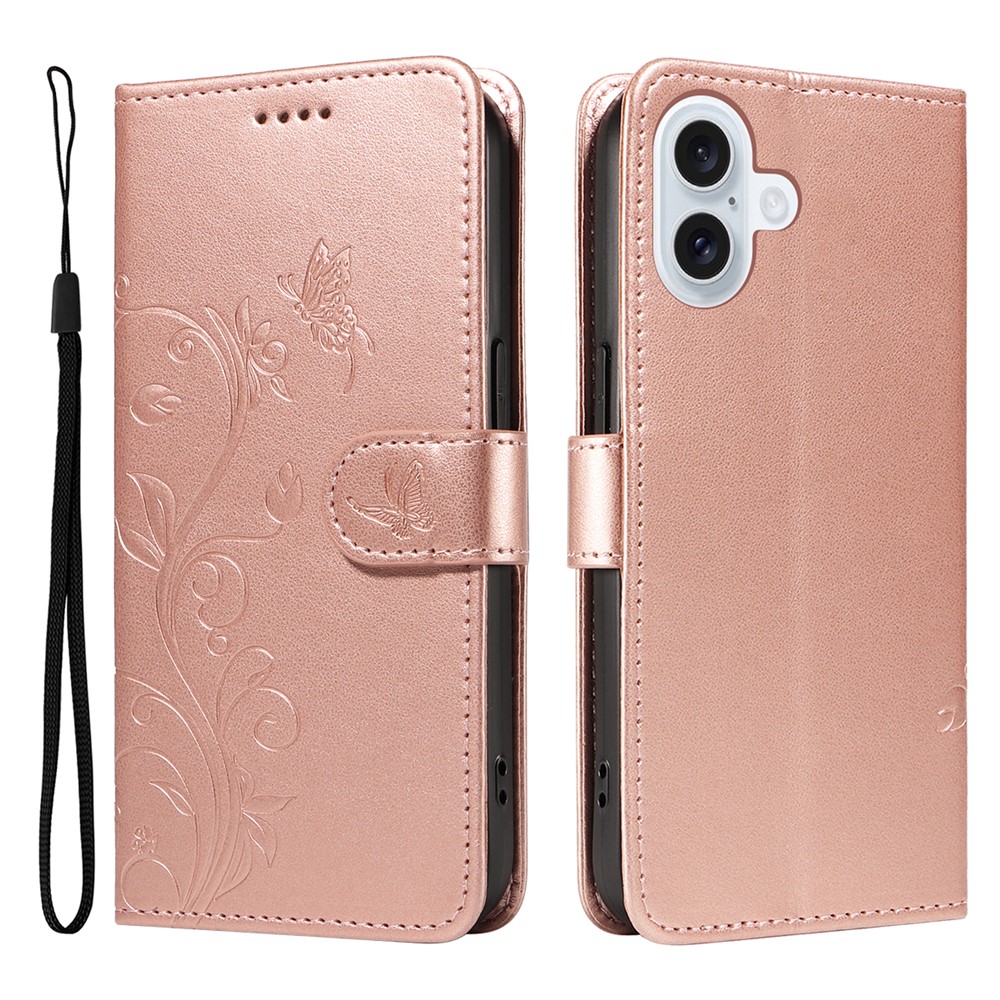 For iPhone 17 PU Leather Cases Flower Pattern Wallet Stand Phone Cover with Strap - Rose Gold