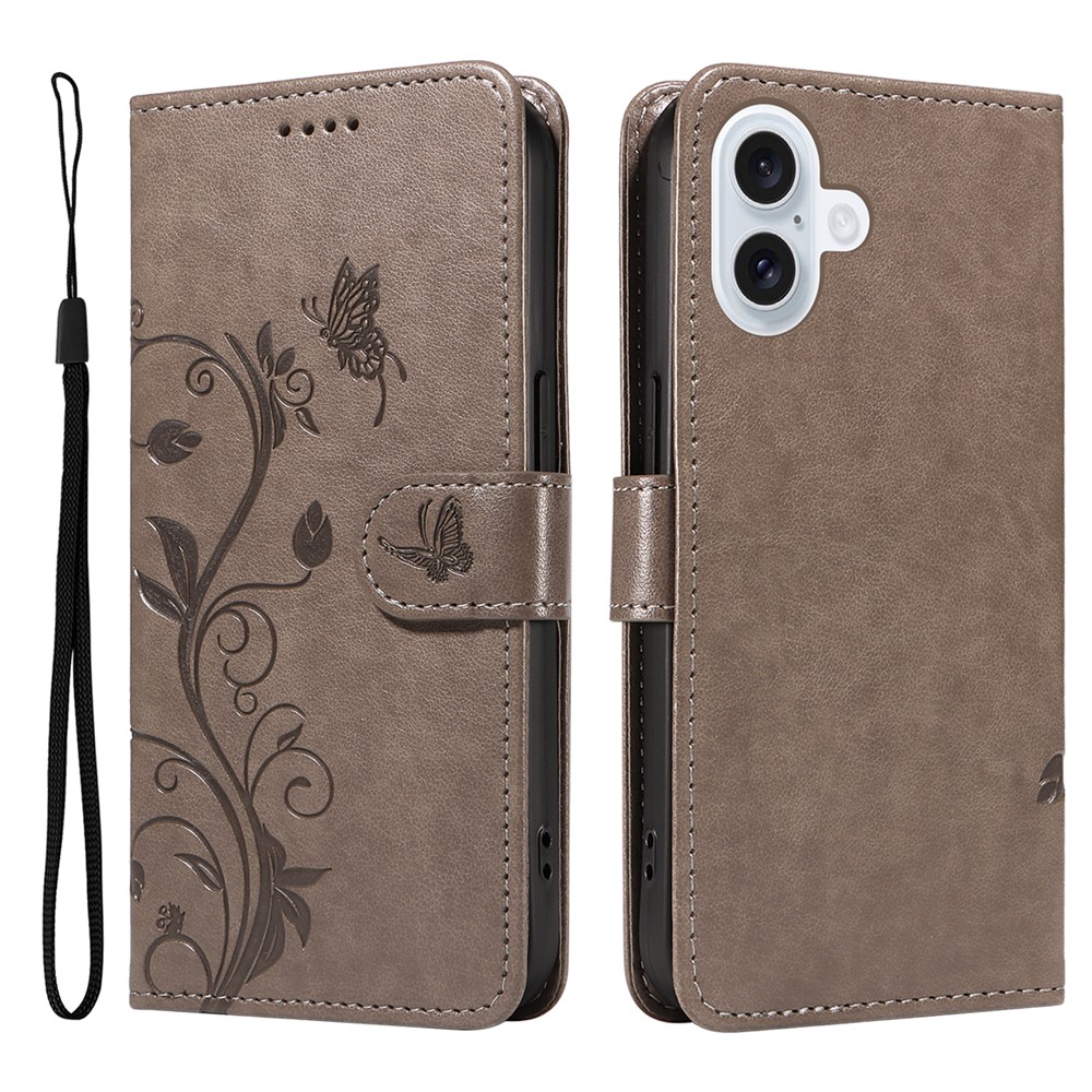 For iPhone 17 PU Leather Cases Flower Pattern Wallet Stand Phone Cover with Strap - Grey