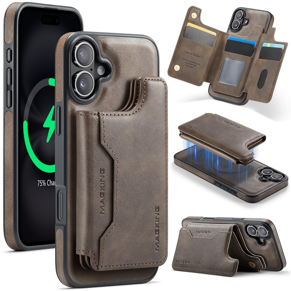 MAGKING K3 Series For iPhone 16 Plus Case Compatible with MagSafe Wallet PC + TPU + PU Phone Cover - Coffee
