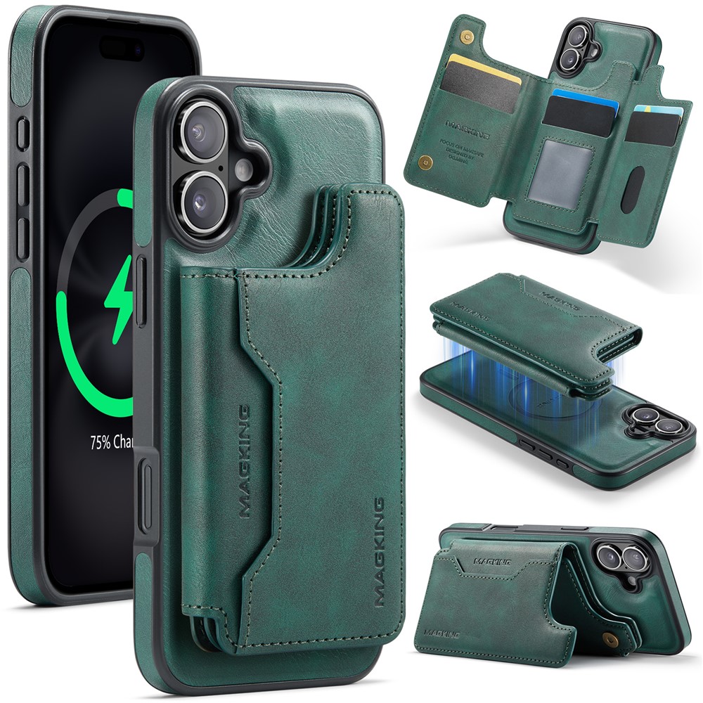 MAGKING K3 Series For iPhone 16 Plus Case Compatible with MagSafe Wallet PC + TPU + PU Phone Cover - Green