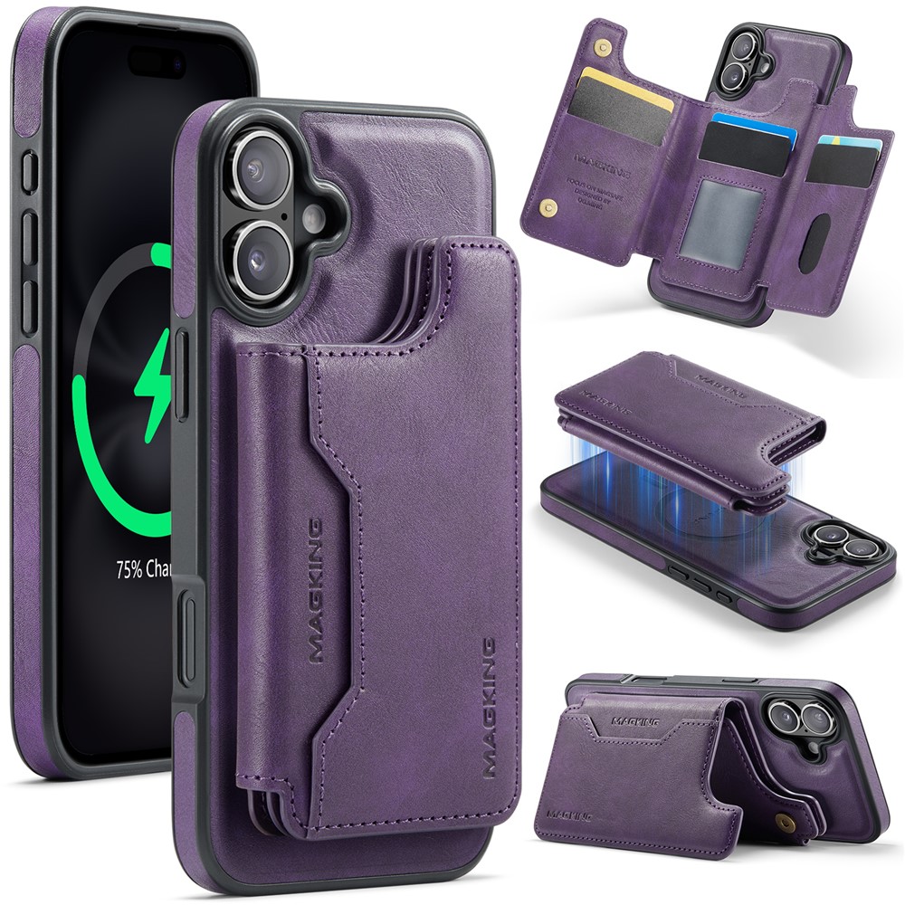 MAGKING K3 Series For iPhone 16 Plus Case Compatible with MagSafe Wallet PC + TPU + PU Phone Cover - Purple