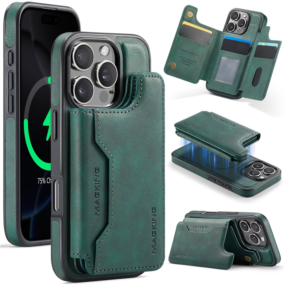 MAGKING K3 Series For iPhone 16 Pro Max Case Compatible with MagSafe Wallet PC + TPU + PU Phone Cover - Green