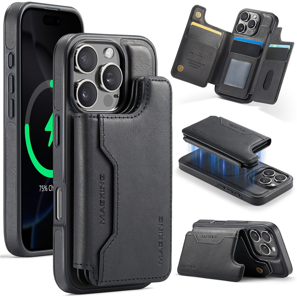MAGKING K3 Series For iPhone 16 Pro Max Case Compatible with MagSafe Wallet PC + TPU + PU Phone Cover - Black