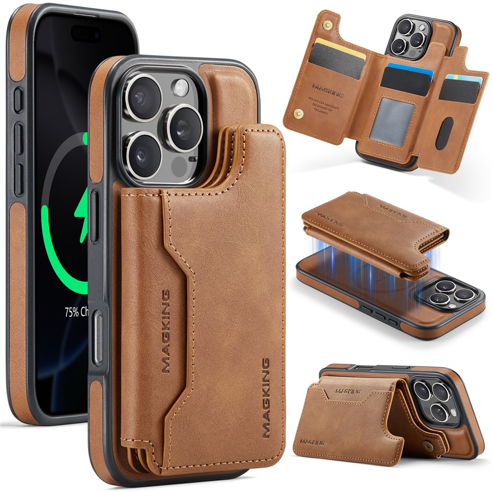 MAGKING K3 Series For iPhone 16 Pro Max Case Compatible with MagSafe Wallet PC + TPU + PU Phone Cover - Brown