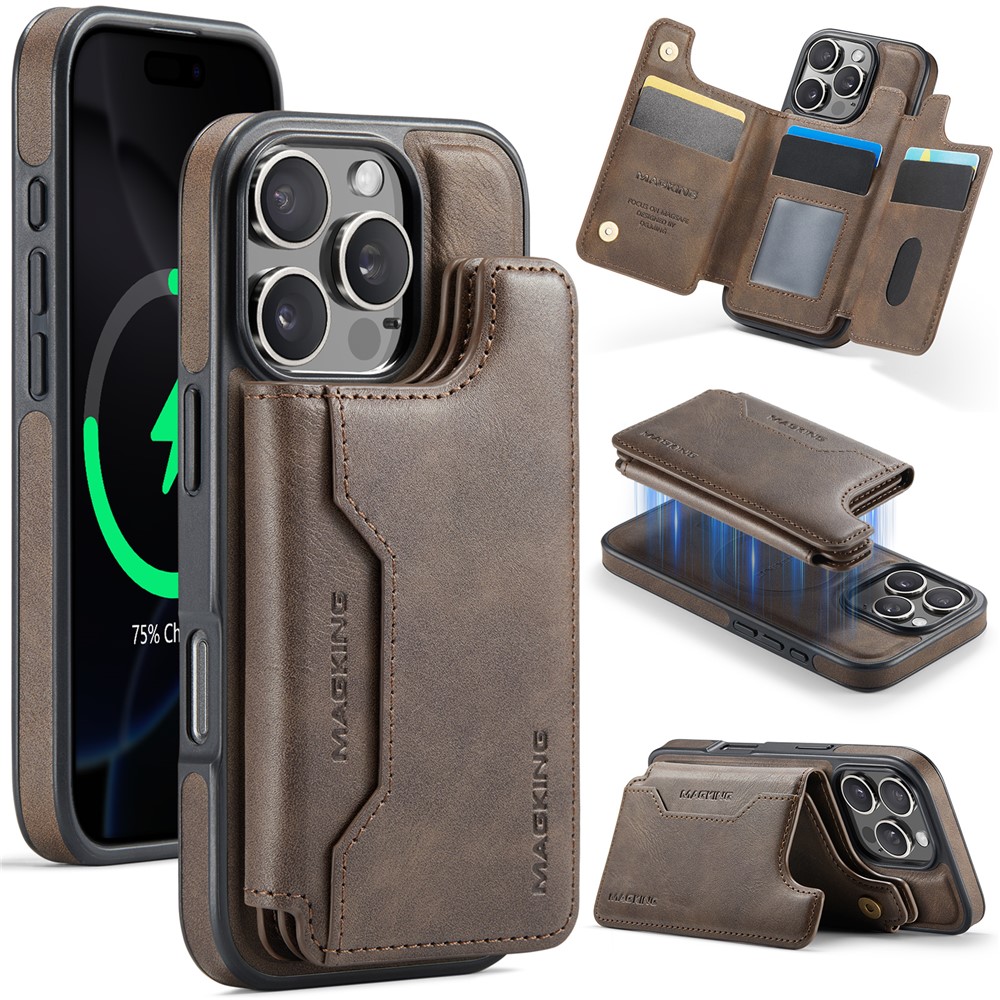 MAGKING K3 Series For iPhone 16 Pro Max Case Compatible with MagSafe Wallet PC + TPU + PU Phone Cover - Coffee