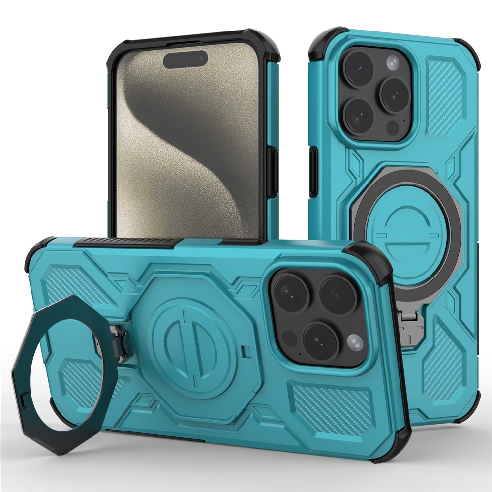 For iPhone 15 Pro Magnetic Case Rotating Metal Kickstand Shockproof PC + TPU Phone Back Cover - Baby Blue