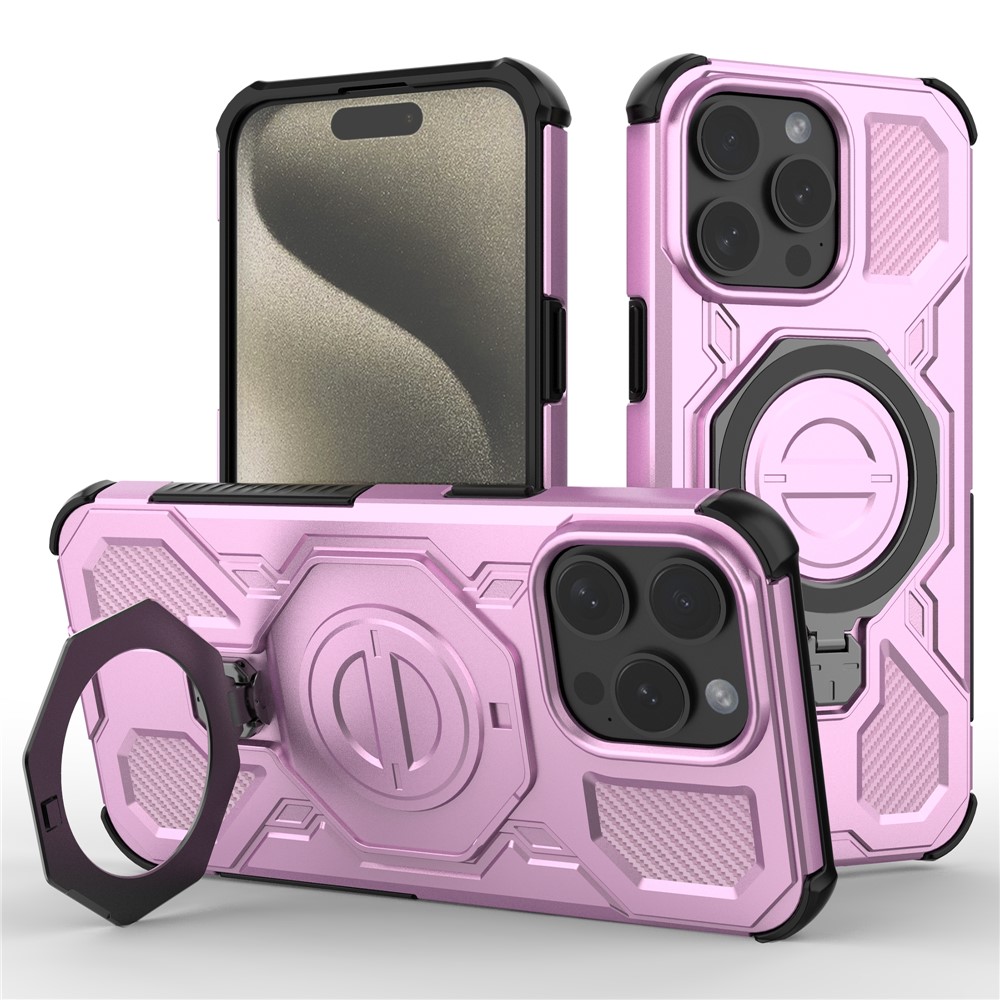For iPhone 15 Pro Max Magnetic Case Rotating Metal Kickstand Shockproof PC + TPU Phone Back Cover - Pink