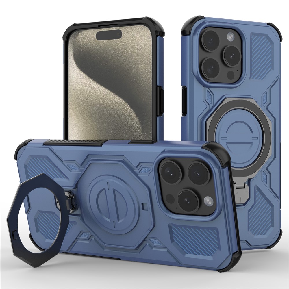 For iPhone 15 Pro Max Magnetic Case Rotating Metal Kickstand Shockproof PC + TPU Phone Back Cover - Dark Blue