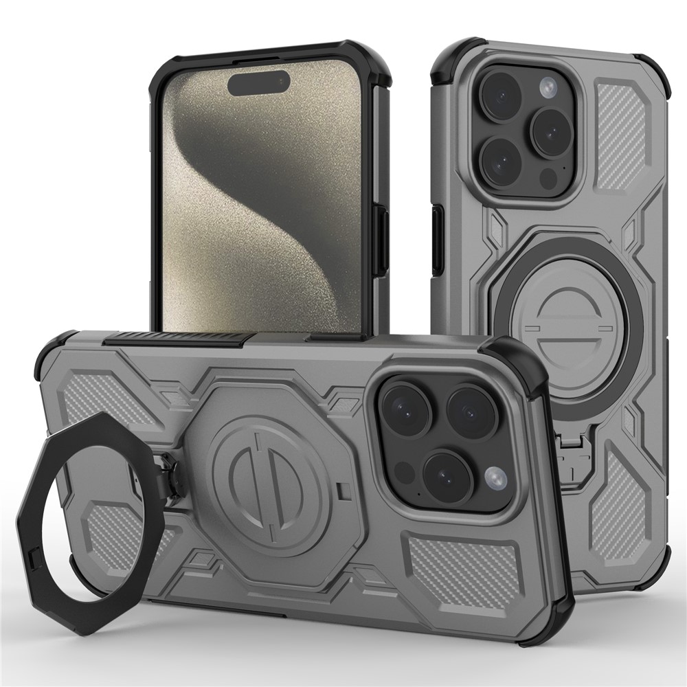 For iPhone 15 Pro Max Magnetic Case Rotating Metal Kickstand Shockproof PC + TPU Phone Back Cover - Grey