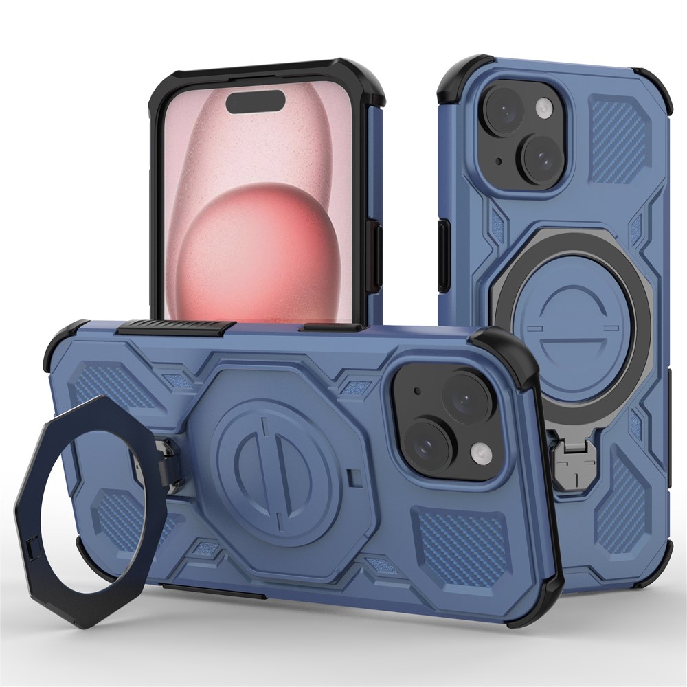 For iPhone 15 Magnetic Case Rotating Metal Kickstand Shockproof PC + TPU Phone Back Cover - Dark Blue