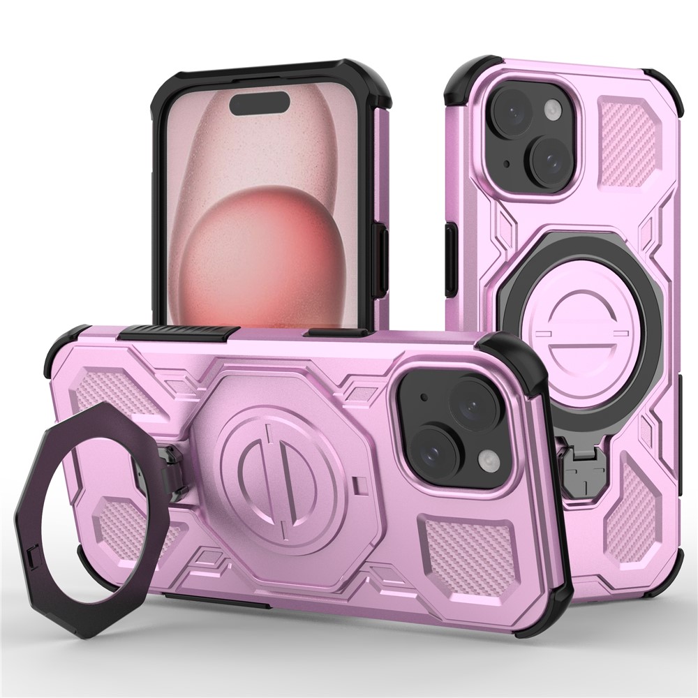 For iPhone 15 Magnetic Case Rotating Metal Kickstand Shockproof PC + TPU Phone Back Cover - Pink
