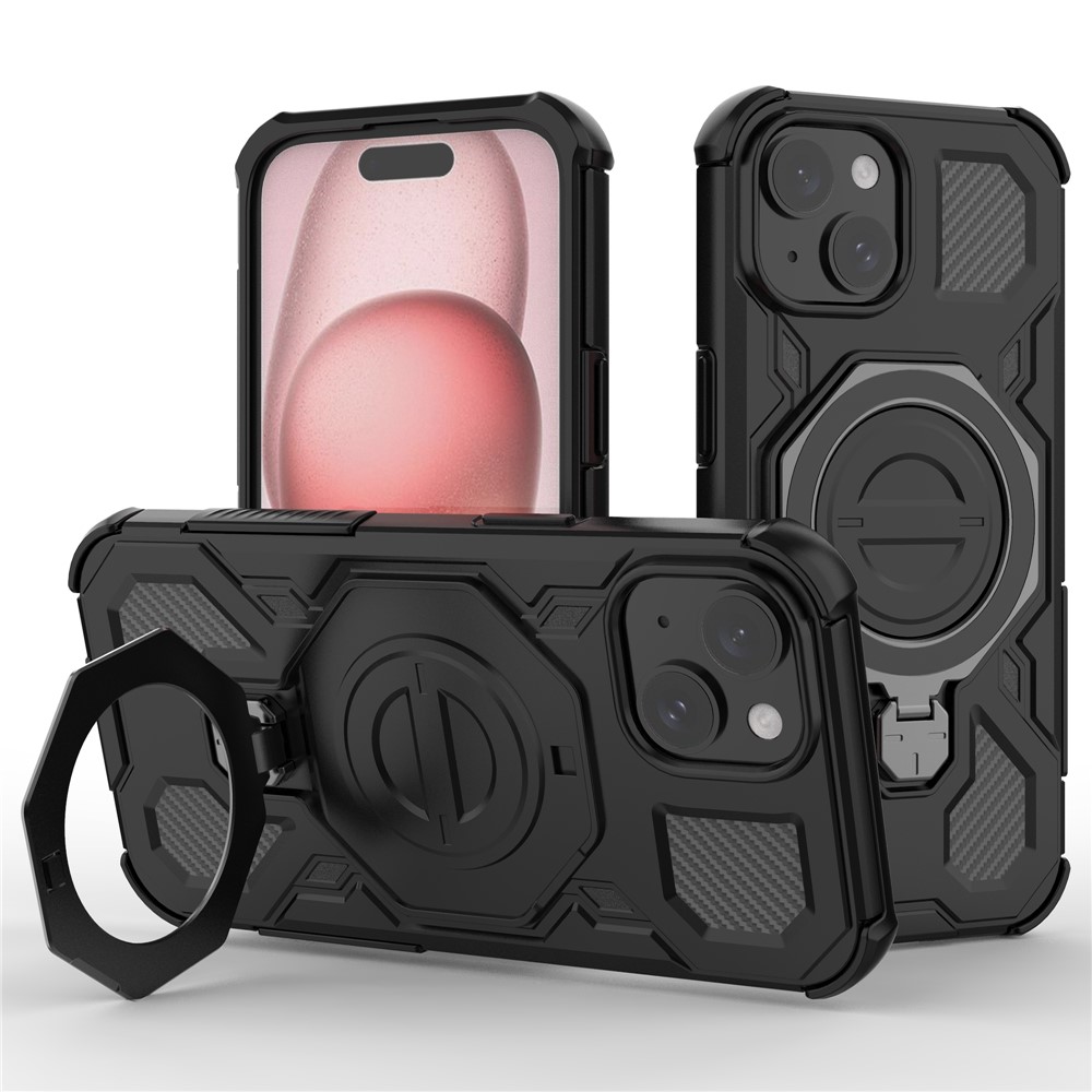 For iPhone 15 Magnetic Case Rotating Metal Kickstand Shockproof PC + TPU Phone Back Cover - Black