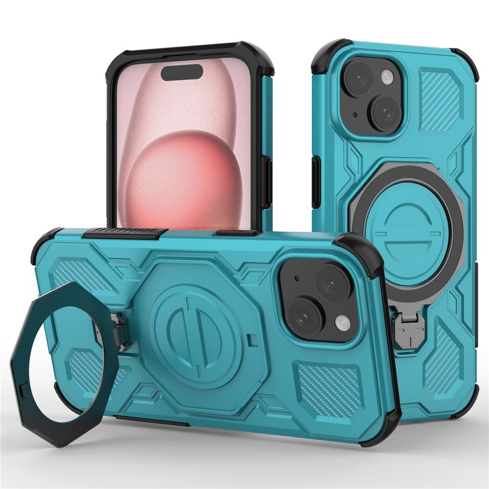 For iPhone 15 Magnetic Case Rotating Metal Kickstand Shockproof PC + TPU Phone Back Cover - Baby Blue