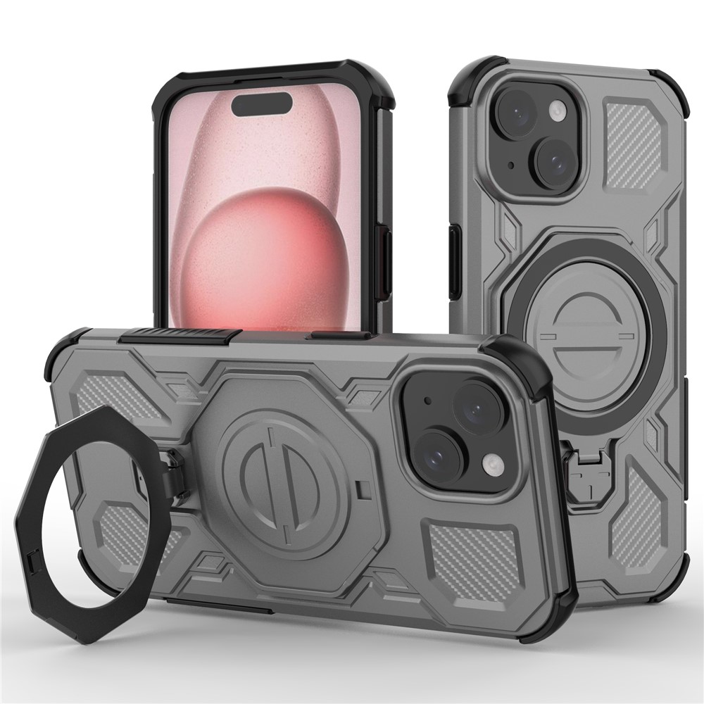For iPhone 15 Magnetic Case Rotating Metal Kickstand Shockproof PC + TPU Phone Back Cover - Grey