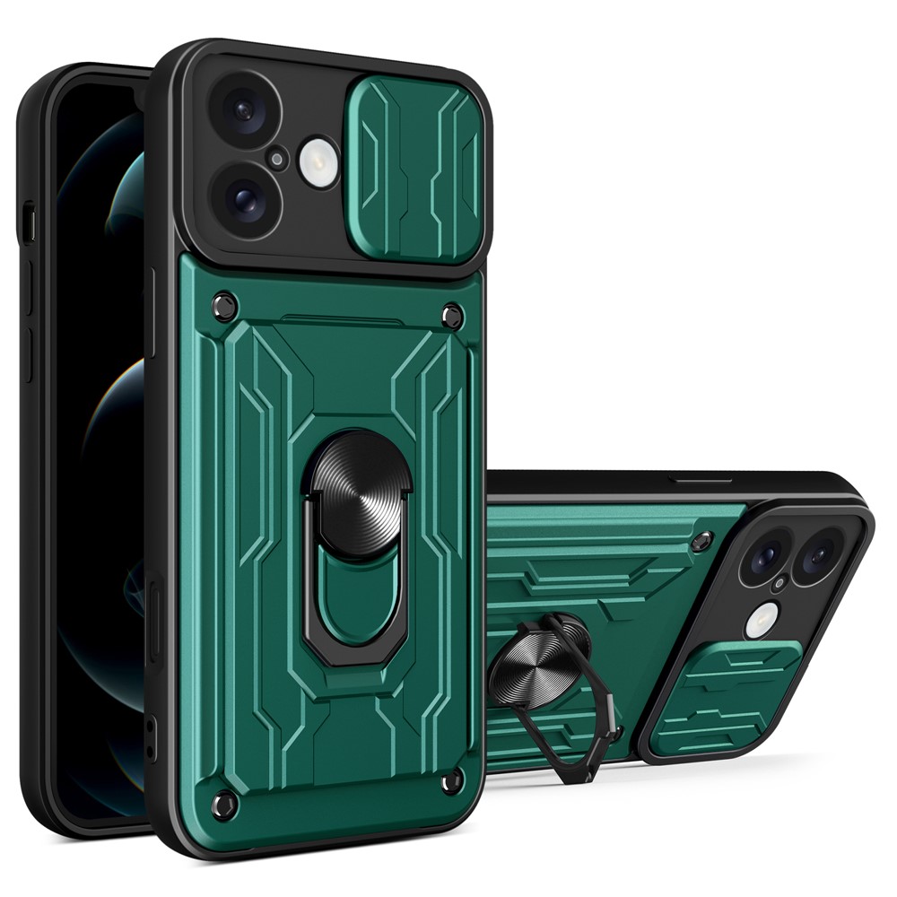 Bulk Purchasing For iPhone 16 Plus Case PC + TPU Kickstand Phone Back Cover with Camera Slider - Blackish Green