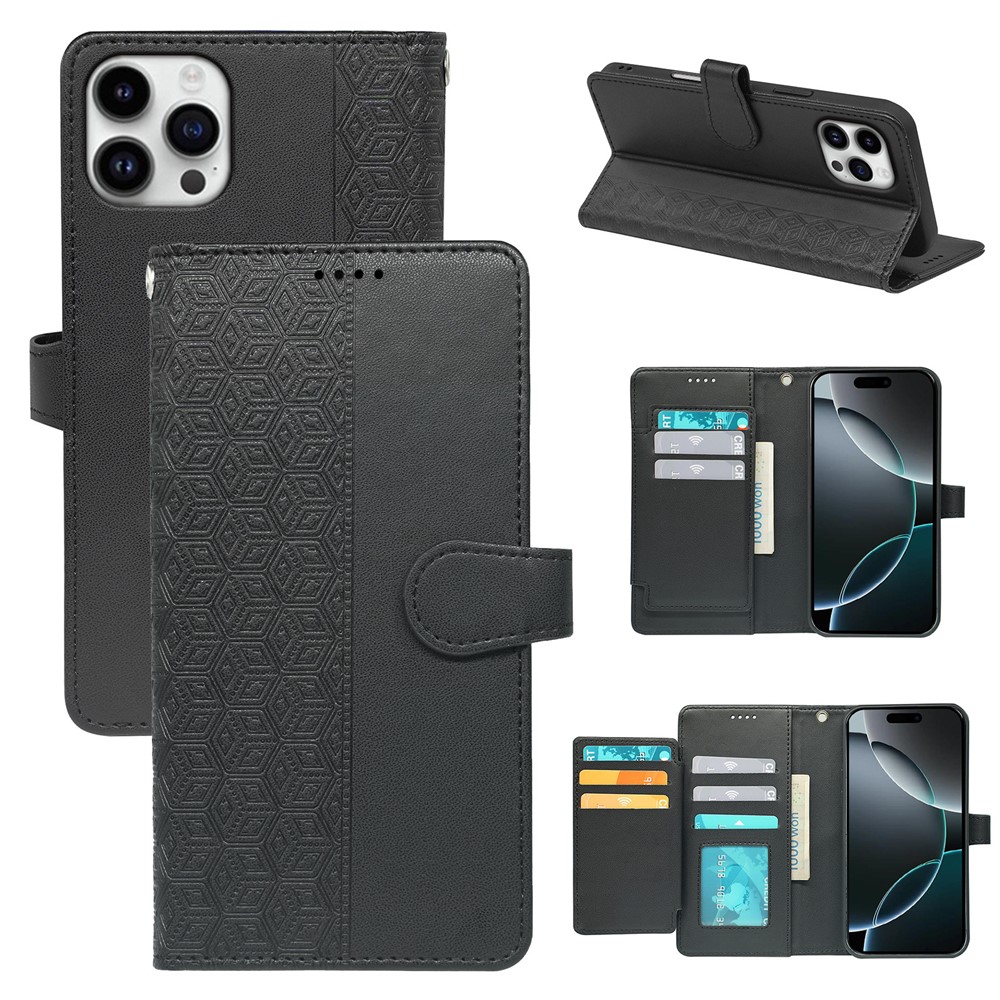 For iPhone 16 Pro Max Case with 9 Card Slots Checkered Pattern PU Leather Phone Cover - Black