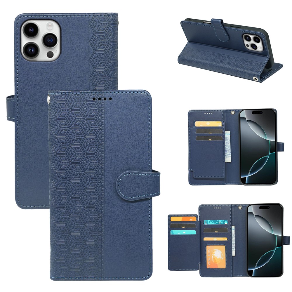 For iPhone 16 Pro Max Case with 9 Card Slots Checkered Pattern PU Leather Phone Cover - Blue