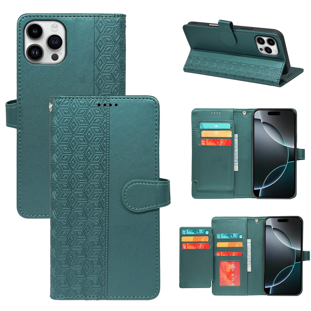 For iPhone 16 Pro Max Case with 9 Card Slots Checkered Pattern PU Leather Phone Cover - Green