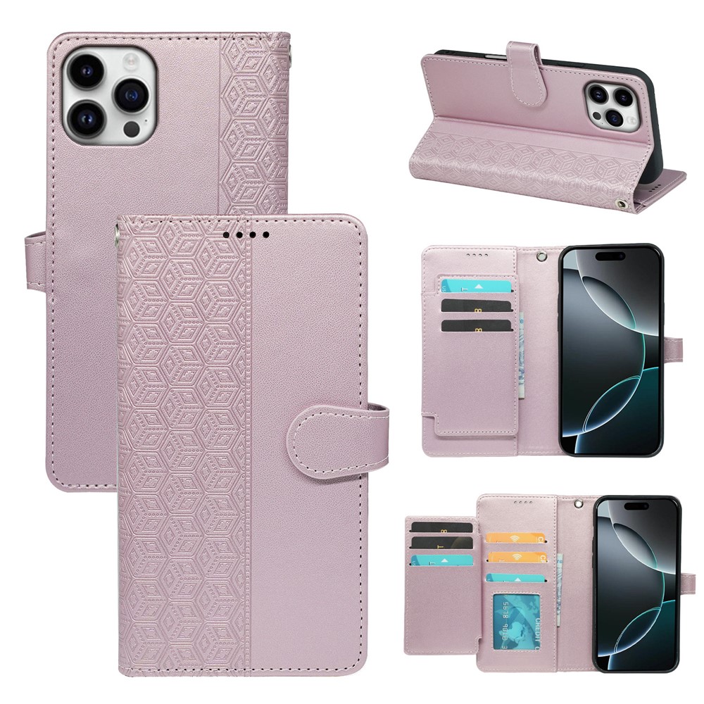 For iPhone 16 Pro Max Case with 9 Card Slots Checkered Pattern PU Leather Phone Cover - Rose Gold