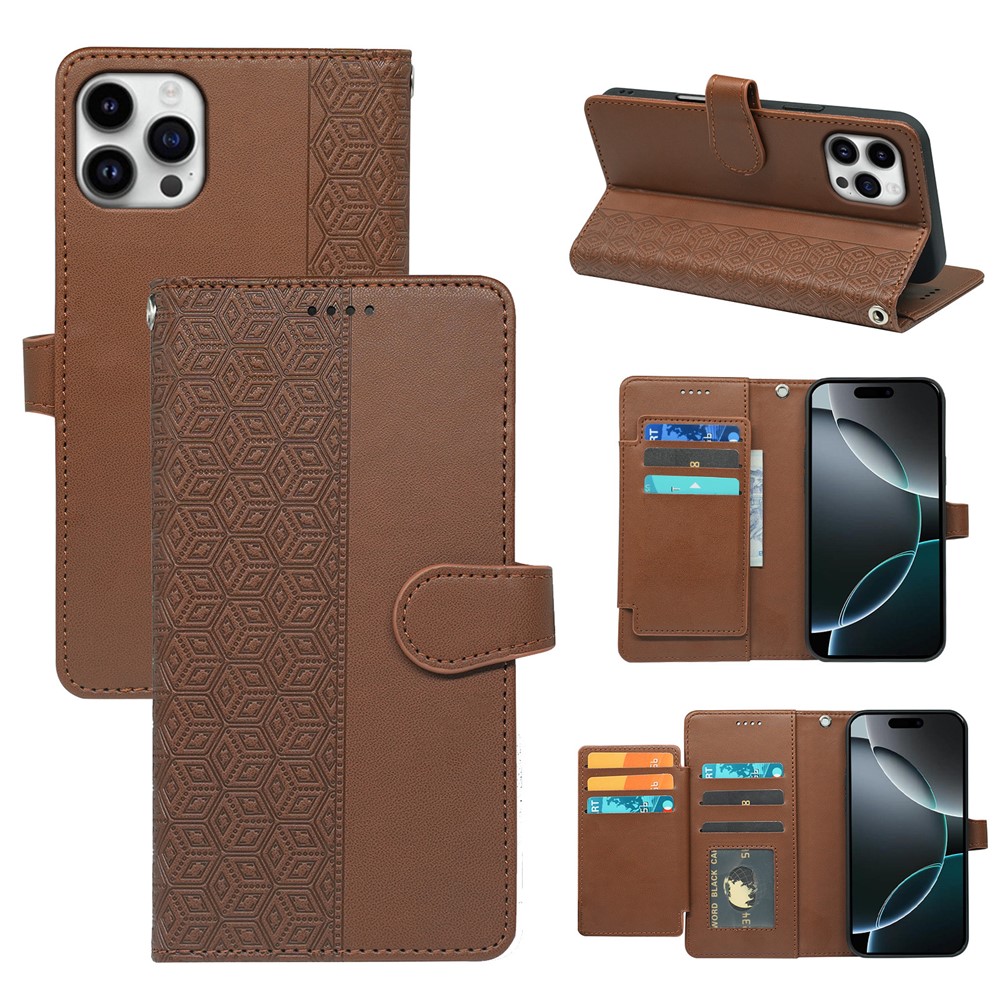 For iPhone 16 Pro Max Case with 9 Card Slots Checkered Pattern PU Leather Phone Cover - Brown