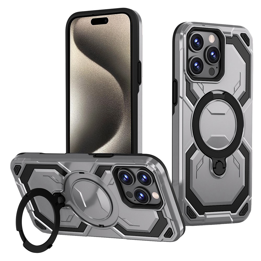 Bulk Purchasing For iPhone 15 Pro Case Magnetic Rotating Kickstand PC + TPU Phone Cover - Grey