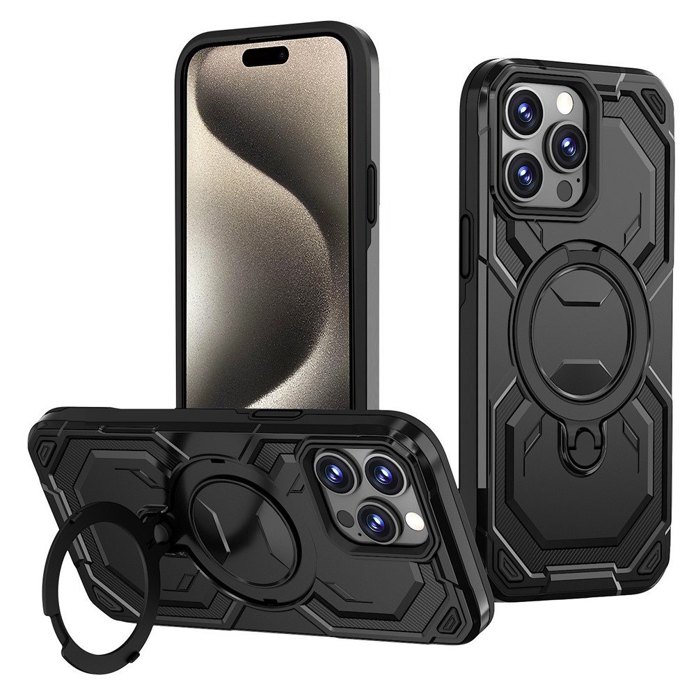 Bulk Purchasing For iPhone 15 Pro Max Case Magnetic Rotating Kickstand PC + TPU Phone Cover - Black