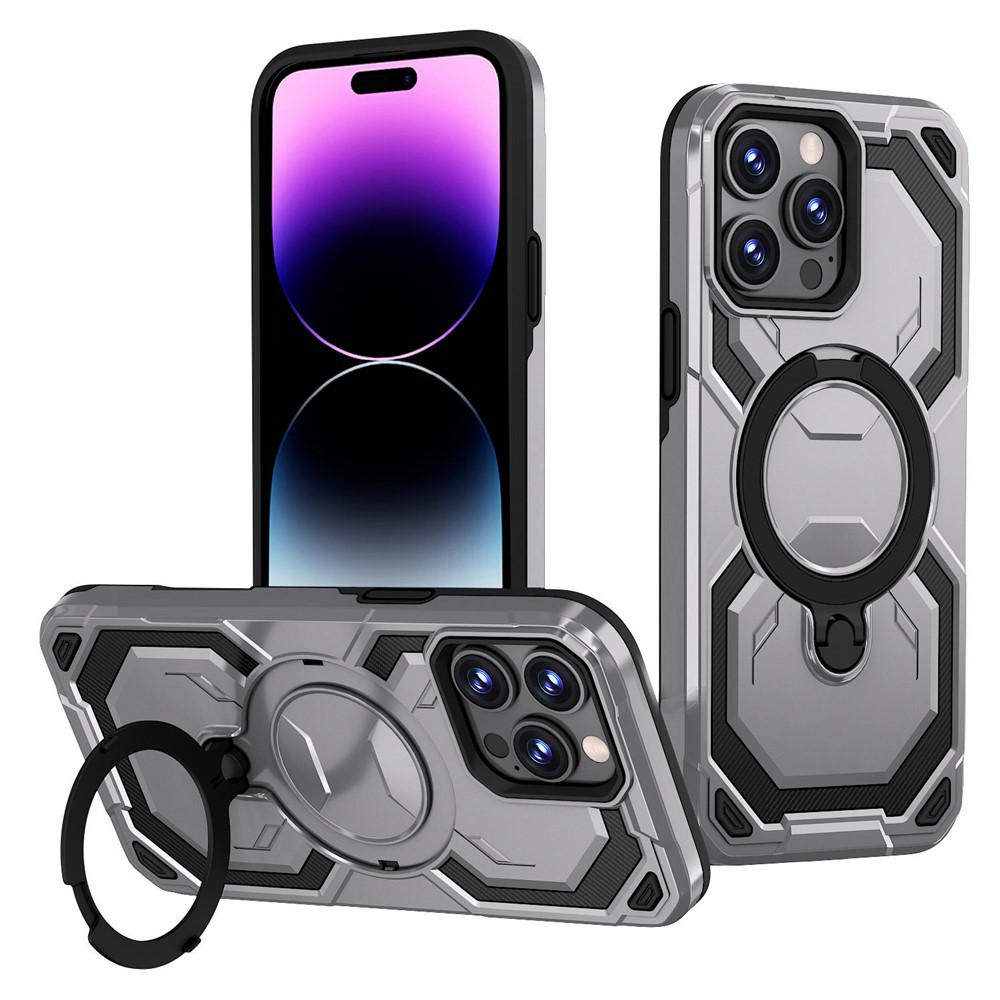Bulk Purchasing For iPhone 14 Pro Case Magnetic Rotating Kickstand PC + TPU Phone Cover - Grey