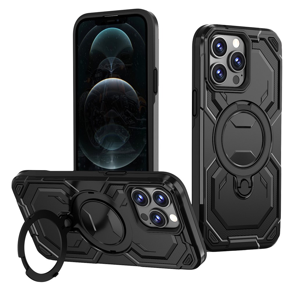 Bulk Purchasing For iPhone 12 / 12 Pro Case Magnetic Rotating Kickstand PC + TPU Phone Cover - Black