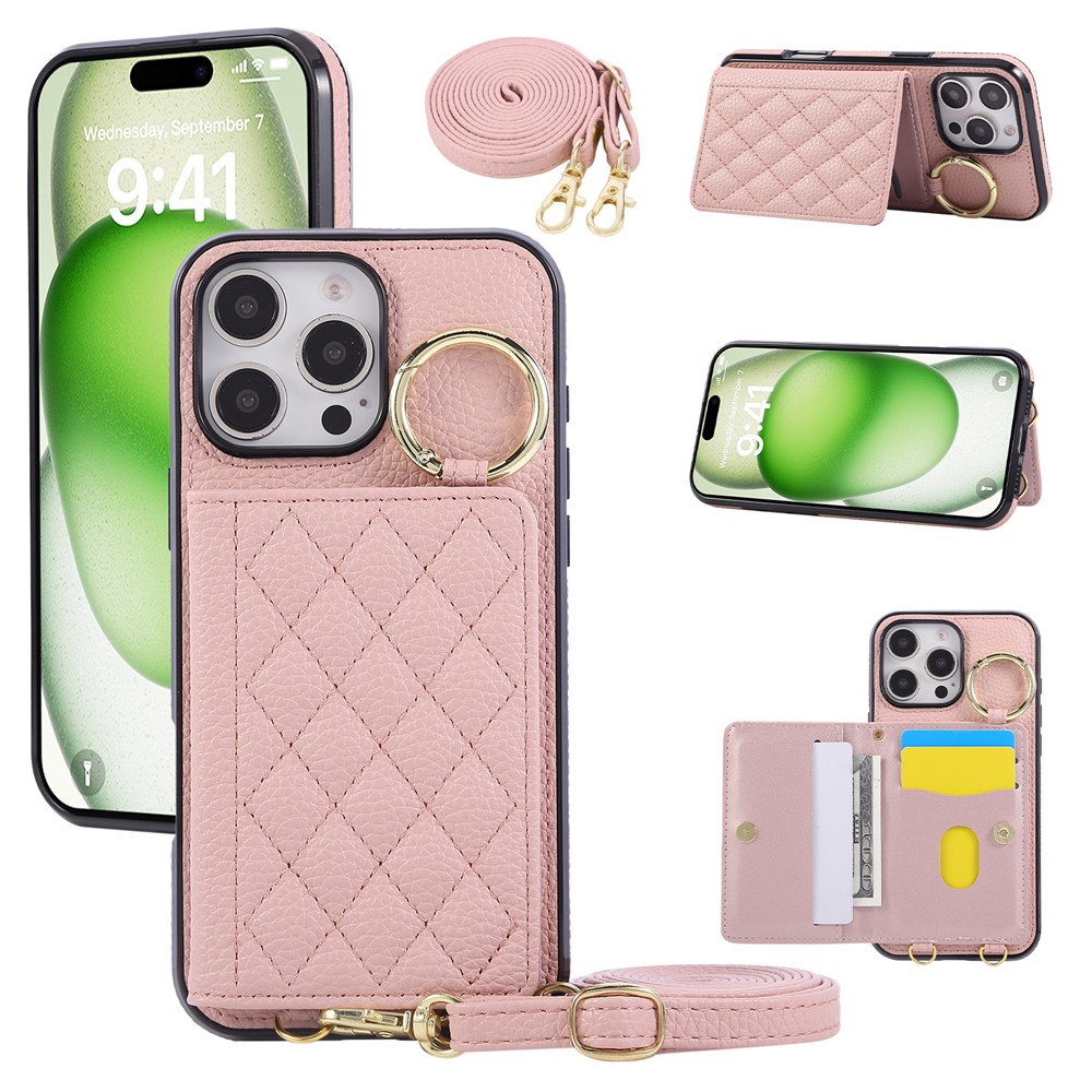 For iPhone 16 Pro Max Case Kickstand Rhombus Leather + TPU Phone Cover with Shoulder Strap - Pink