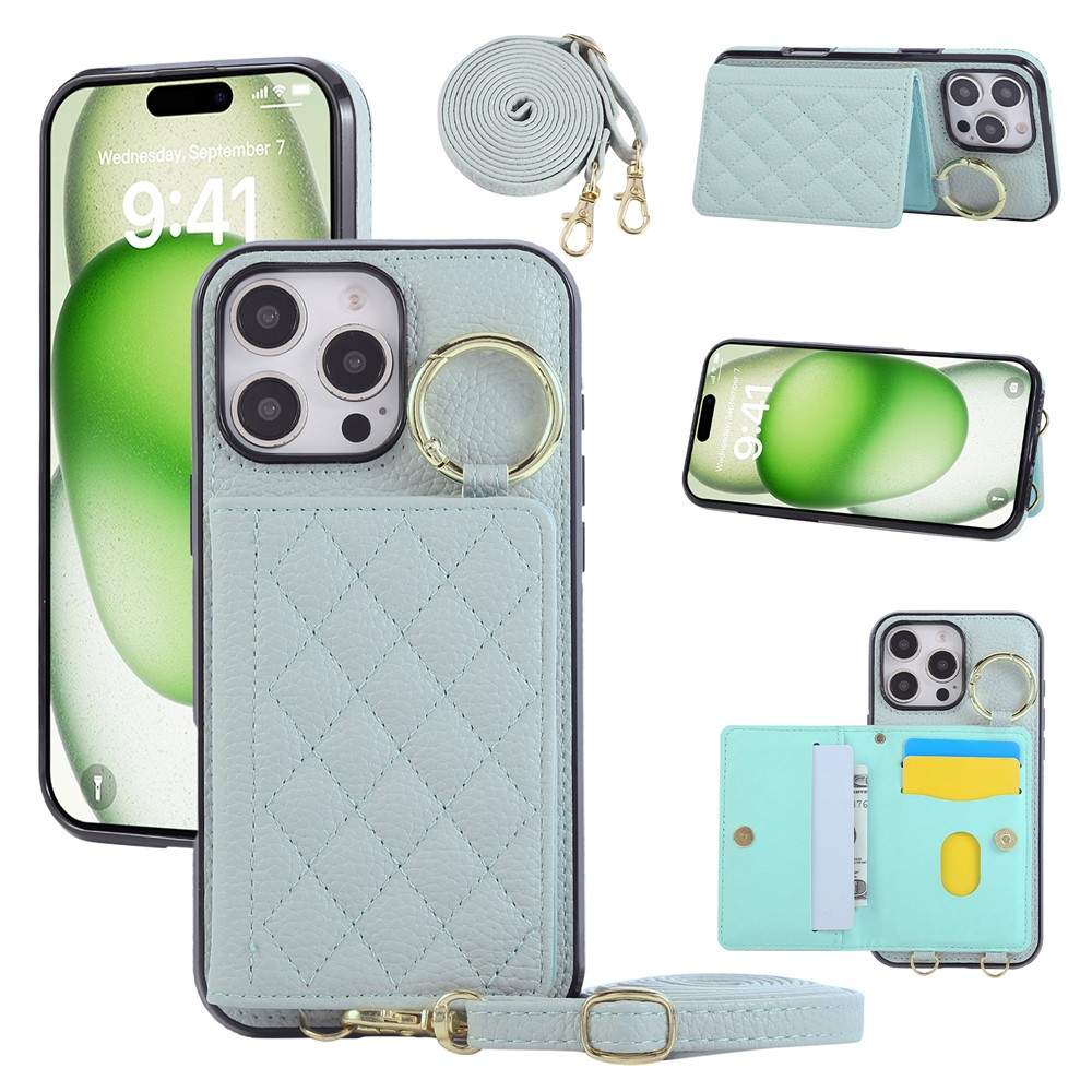 For iPhone 16 Pro Max Case Kickstand Rhombus Leather + TPU Phone Cover with Shoulder Strap - Blue