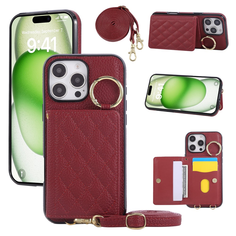 For iPhone 16 Pro Max Case Kickstand Rhombus Leather + TPU Phone Cover with Shoulder Strap - Red