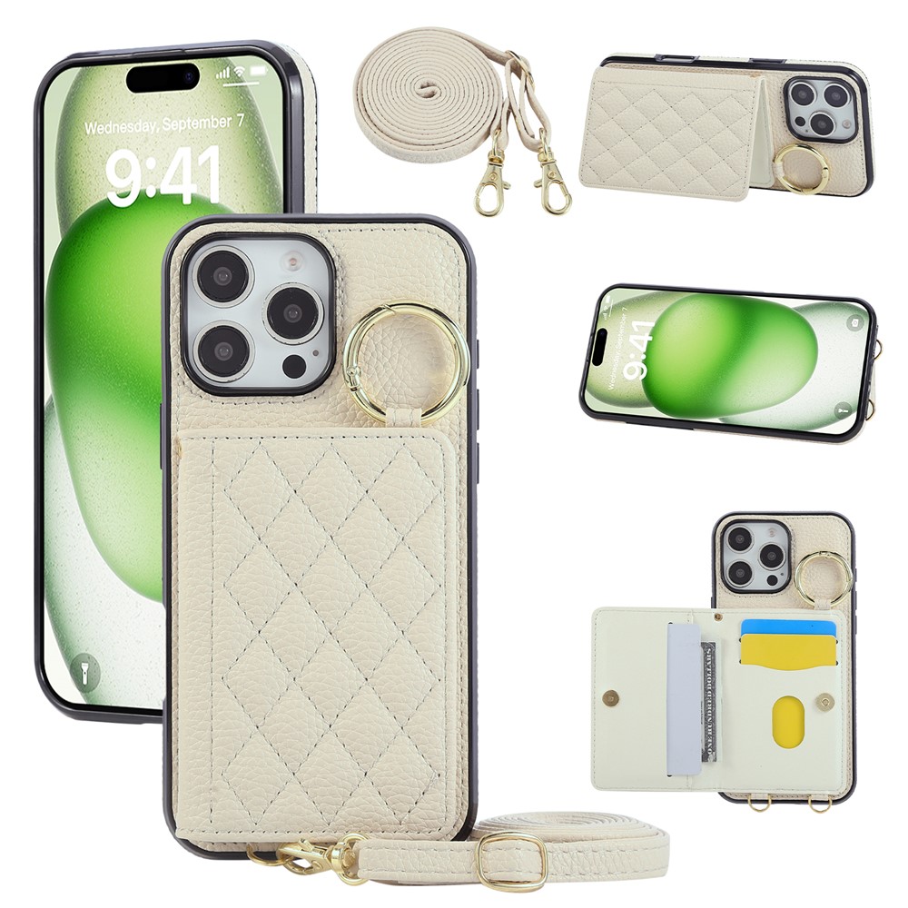 For iPhone 16 Pro Max Case Kickstand Rhombus Leather + TPU Phone Cover with Shoulder Strap - Beige