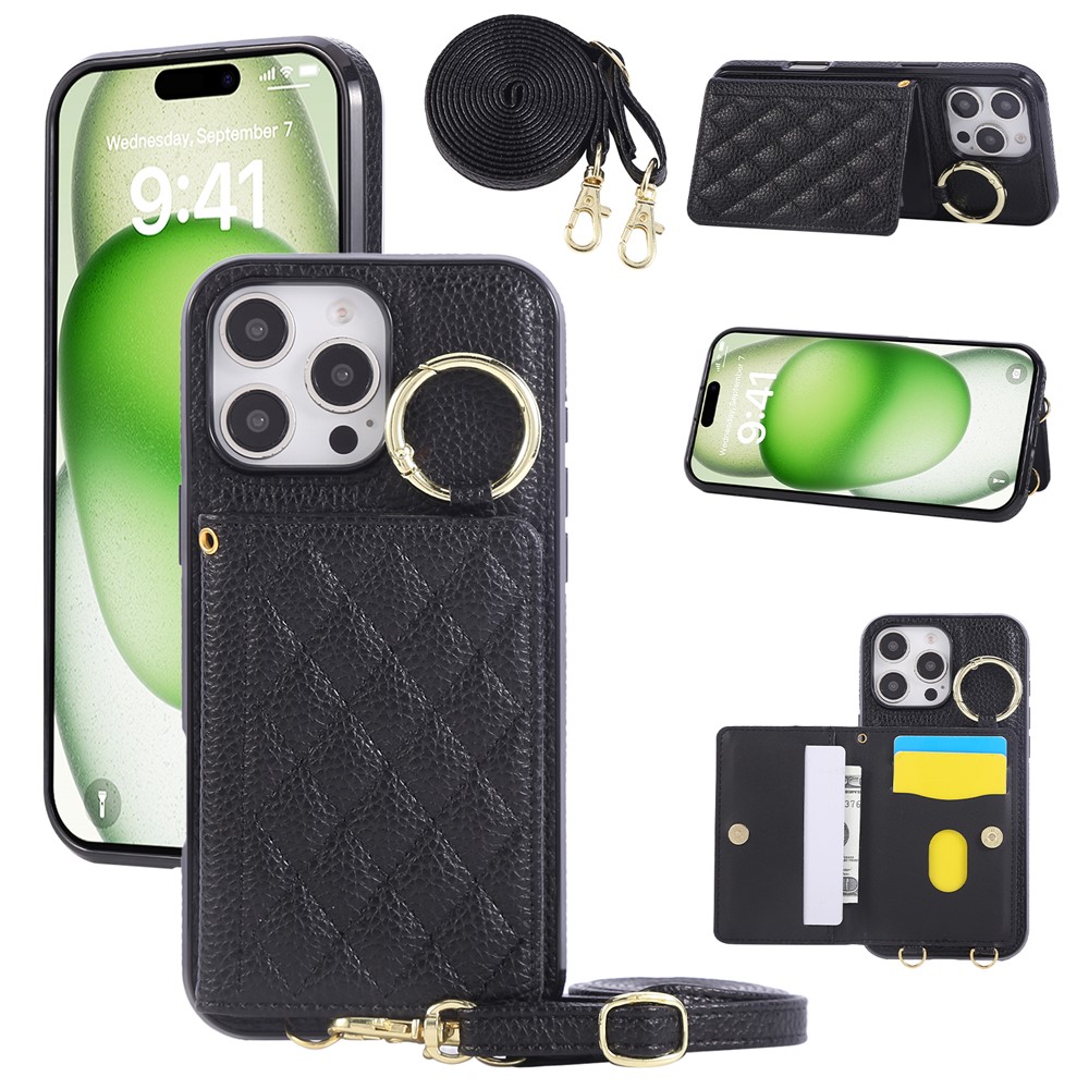 For iPhone 16 Pro Max Case Kickstand Rhombus Leather + TPU Phone Cover with Shoulder Strap - Black