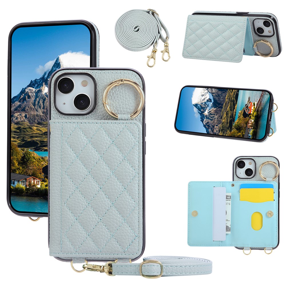 For iPhone 15 Case Kickstand Rhombus Leather + TPU Phone Cover with Shoulder Strap - Blue