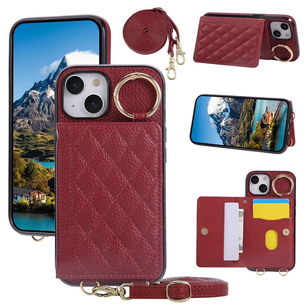 For iPhone 15 Case Kickstand Rhombus Leather + TPU Phone Cover with Shoulder Strap - Red